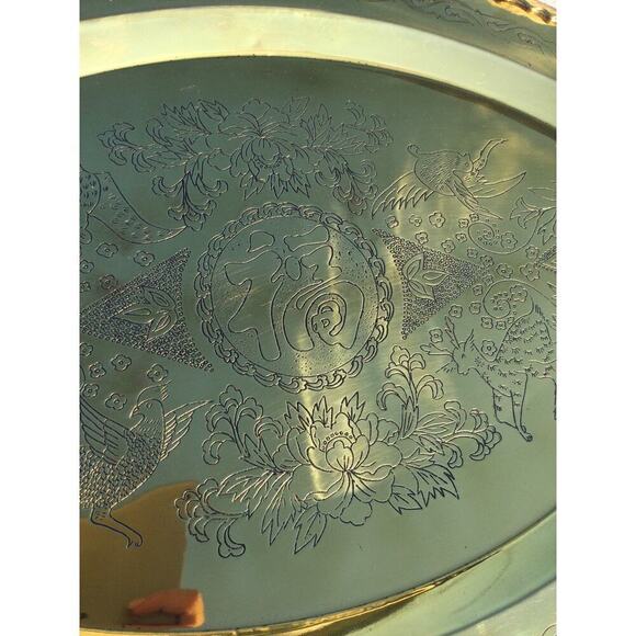 Giant brass serving platter 24"X18" birds tray oriental asian gold partridge MCM - Picture 9 of 16